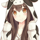 Long-haired anime girl in cow-themed hoodie with horns, golden eyes, and pendant necklace