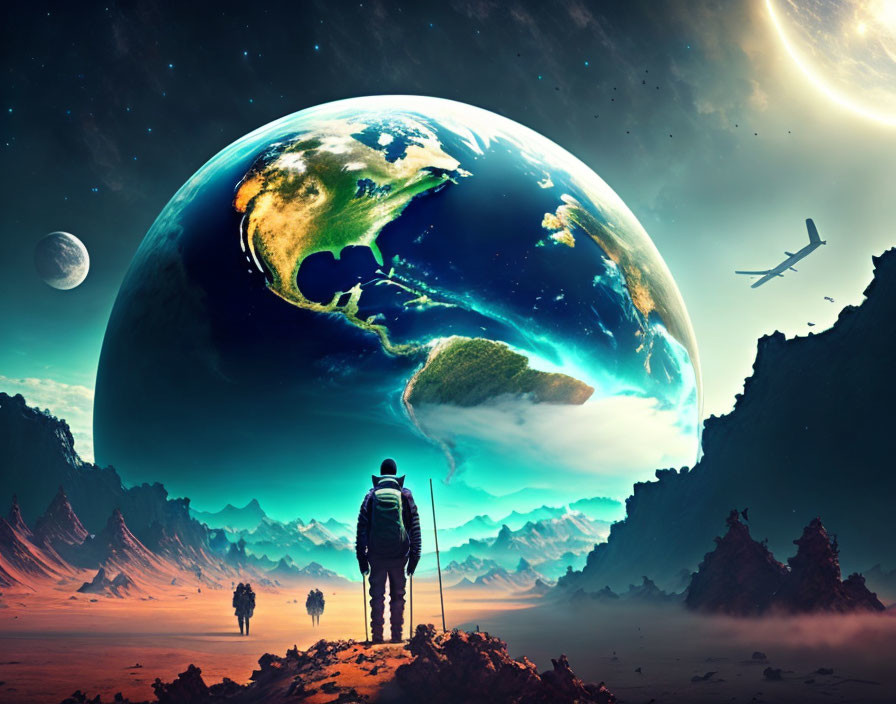 Person with walking stick on alien landscape gazes at surreal Earth view in sky