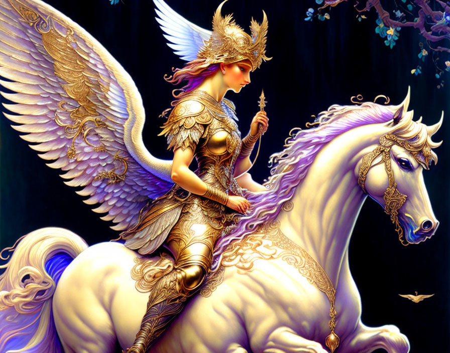 Warrior woman with wings riding winged horse in ornate armor
