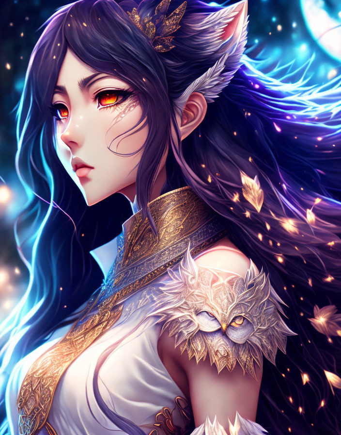 Fantastical female character with wolf ears and white mask in ethereal setting