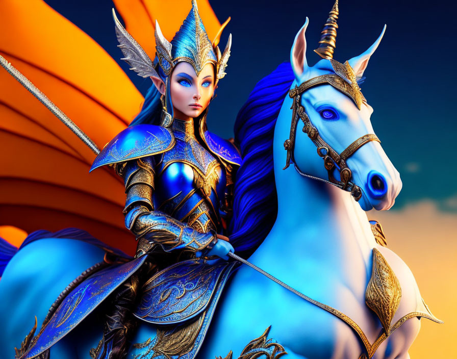 Fantasy elf warrior riding white unicorn in ornate armor.