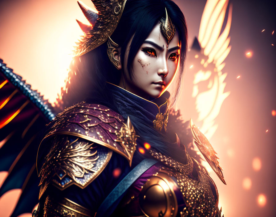 Warrior Woman Digital Artwork: Golden Armor, Dark Hair, Fierce Expression