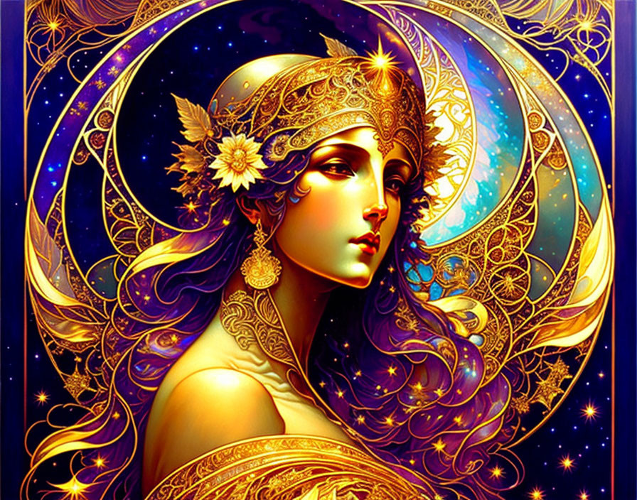 Illustrated portrait of woman with gold headpiece and crescent moon.
