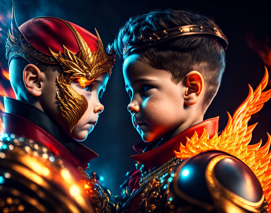 Children in ornate fantasy costumes with metallic and feathered details in vibrant lighting