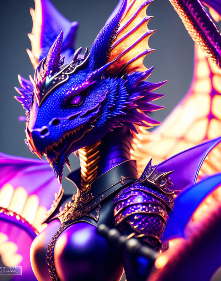 Detailed Digital Artwork: Blue and Purple Dragon in Black Armor on Gradient Background