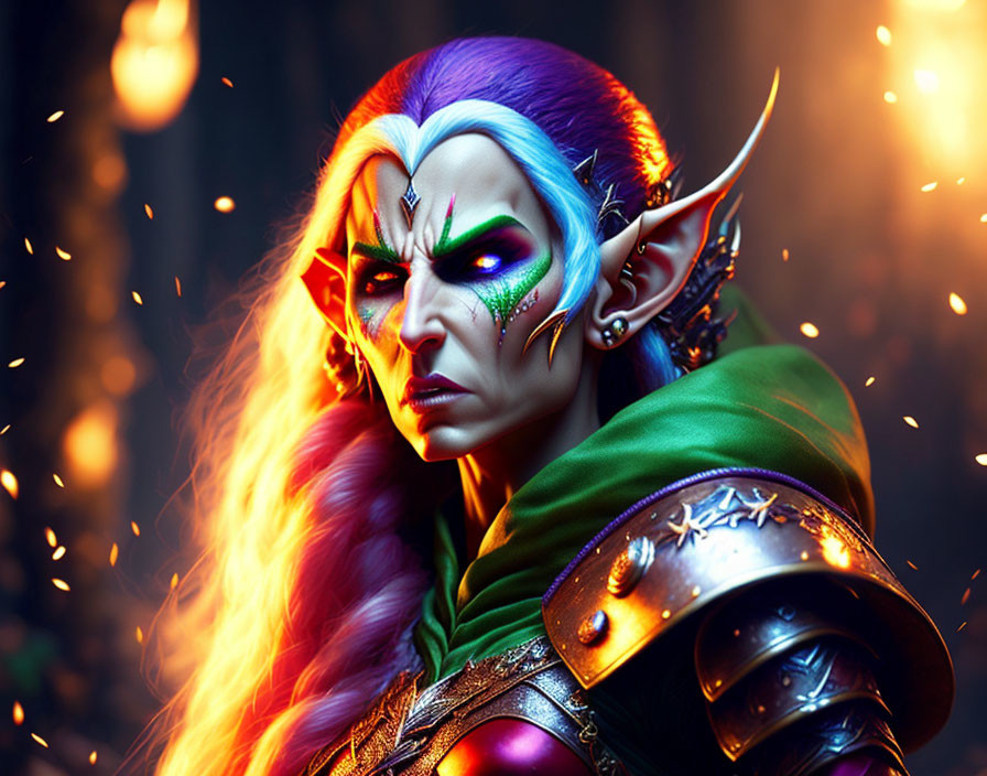Fantasy elf with purple skin, red hair, and armor.