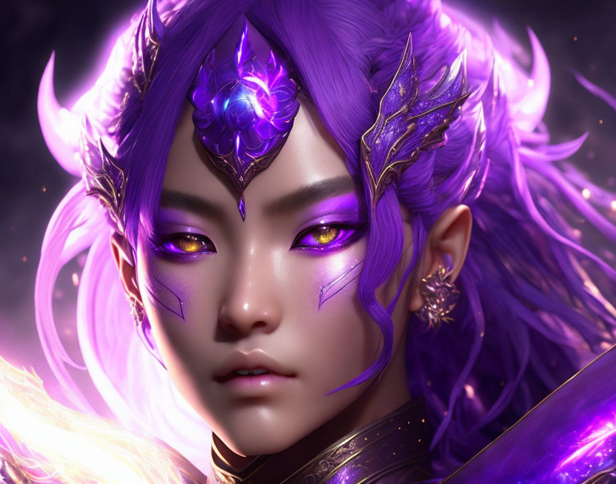 Fantasy character with purple hair and glowing ornaments on dark background