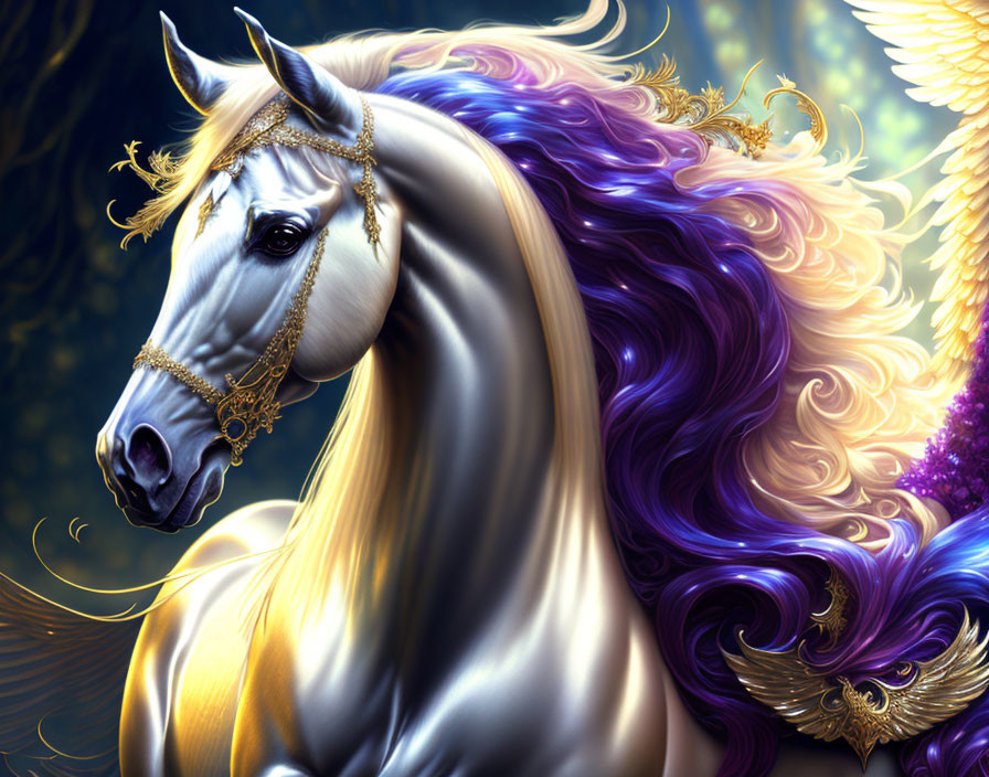 Majestic mythical horse with shimmering mane and golden bridle