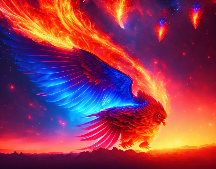 Colorful Phoenix Artwork with Fiery Plumage and Glowing Blue Wings