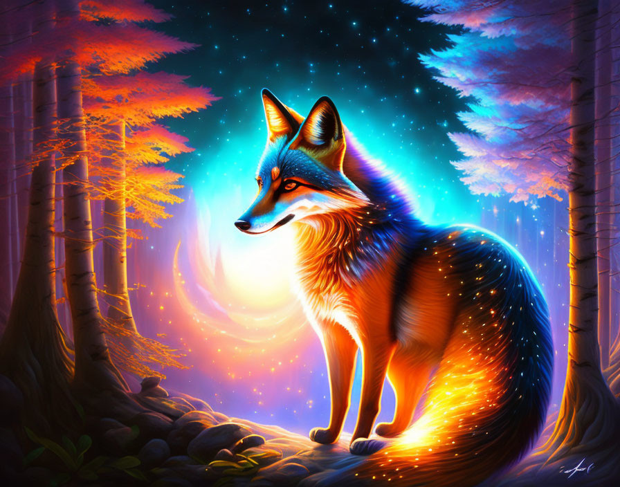 Luminous fox in mystical forest under twilight sky