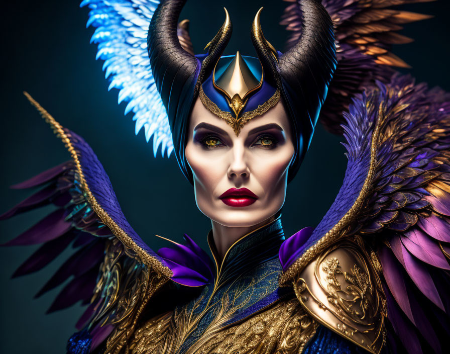 Regal woman with horned headpiece and feathered wings on dark background