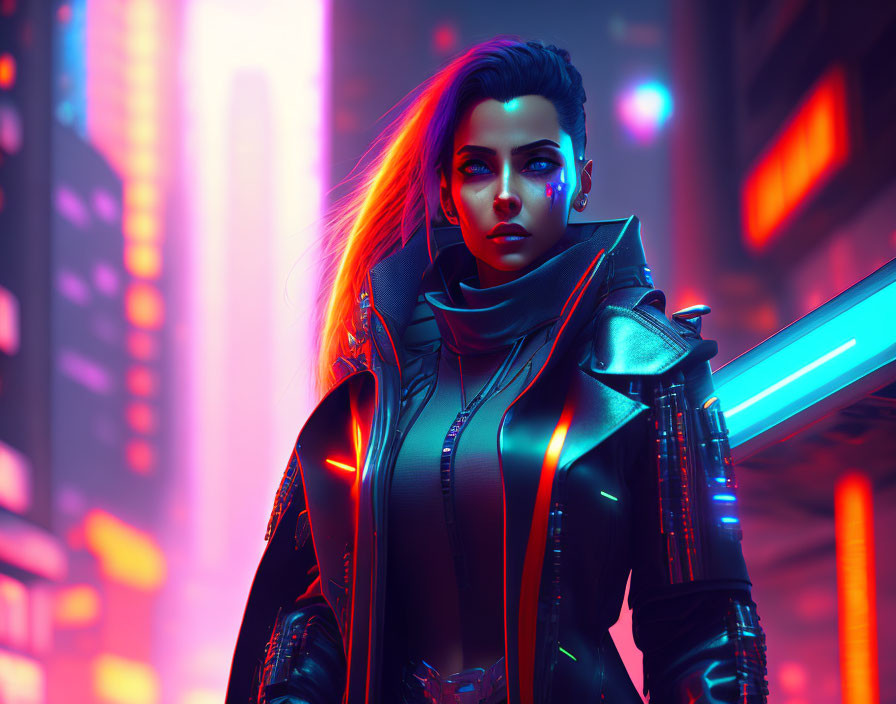 Futuristic woman with neon hair in cyberpunk cityscape.