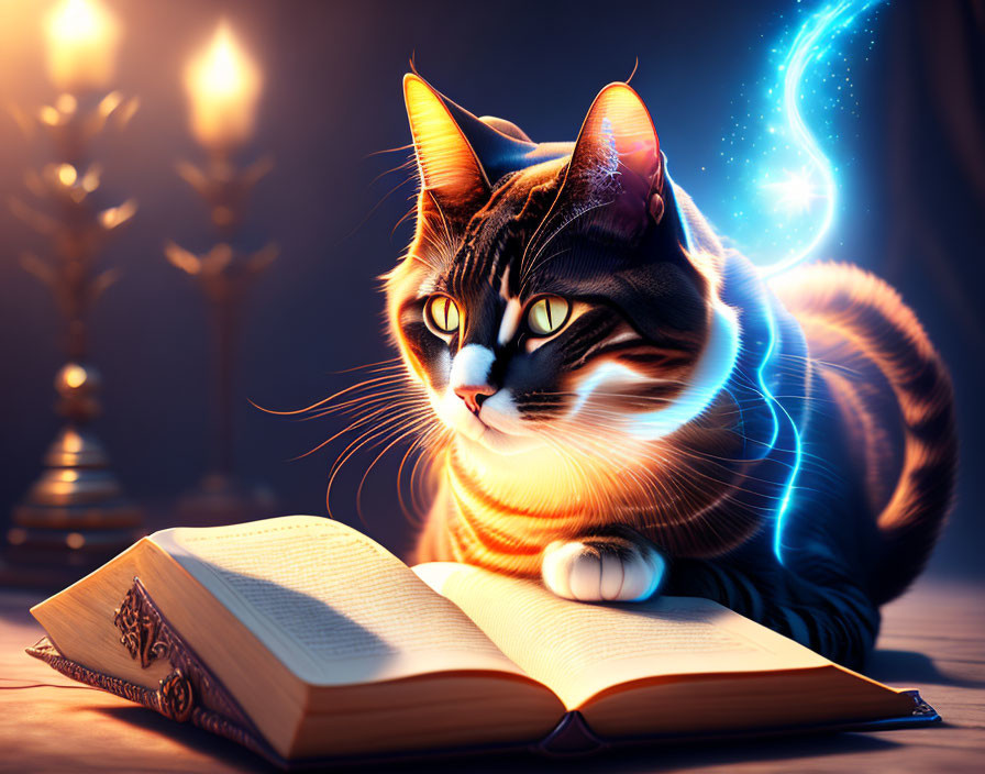 Mystical cat reading open book by candlelight