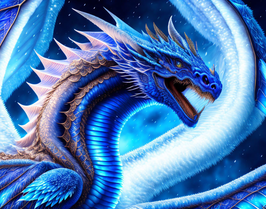Intricate blue dragon surrounded by swirling blue and white energy
