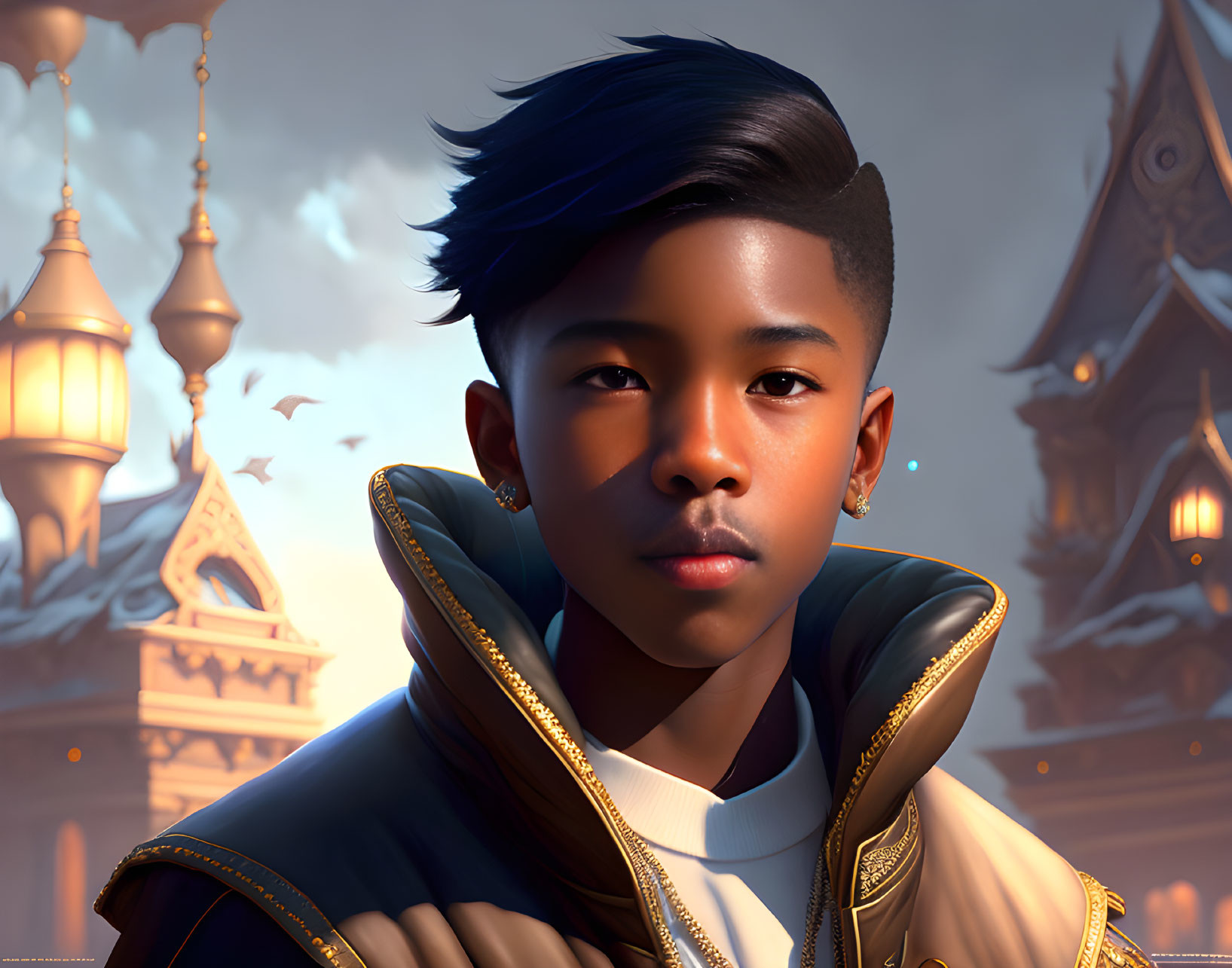 Young boy in futuristic jacket with ornate buildings and birds in background