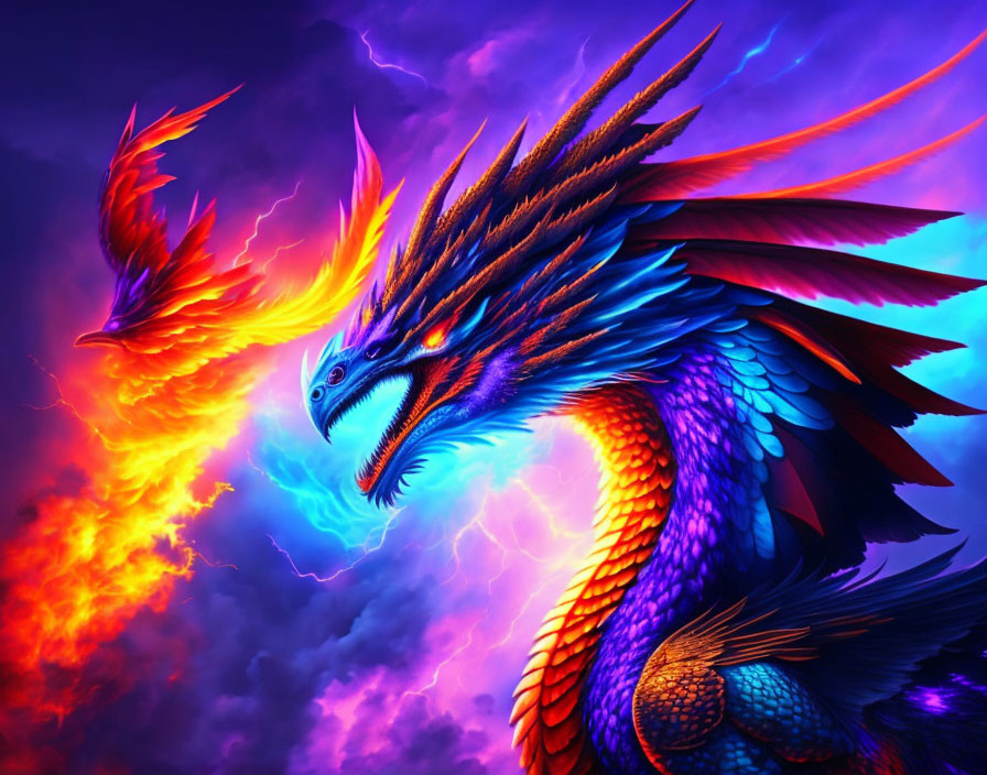 Mythical blue dragon with fiery orange wings in vibrant digital artwork