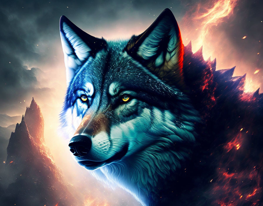 Majestic wolf digital art with blue eyes in cosmic fiery backdrop