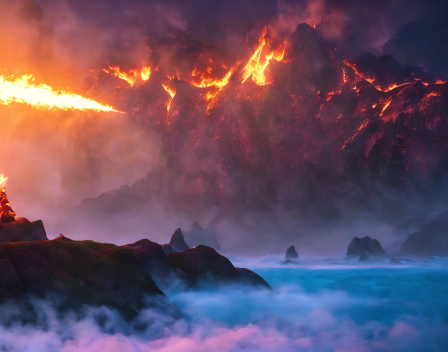 Fiery volcanic eruption with lava flow, misty water at dusk