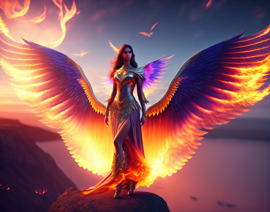 Majestic winged fantasy character on rock at sunset with fiery orange and purple wings