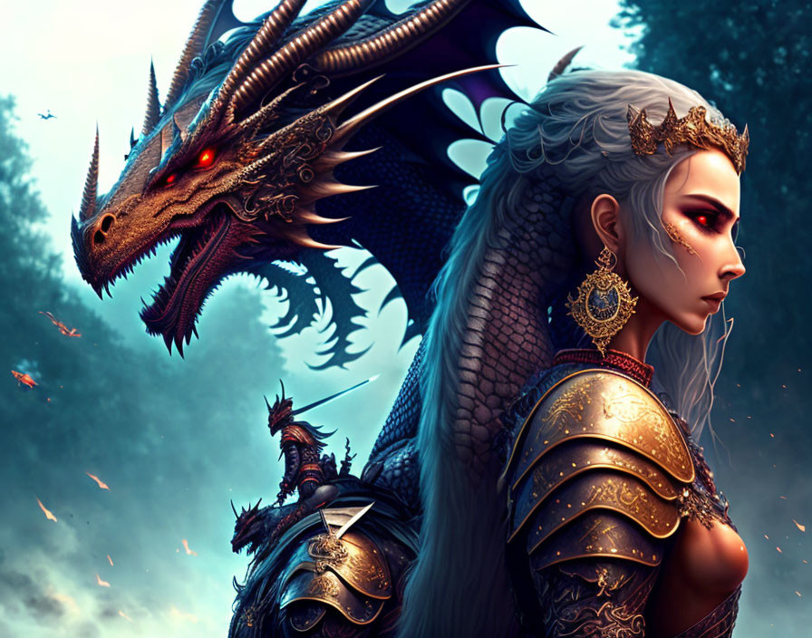 Fantasy digital artwork: regal woman in ornate armor with dragon in mystical forest