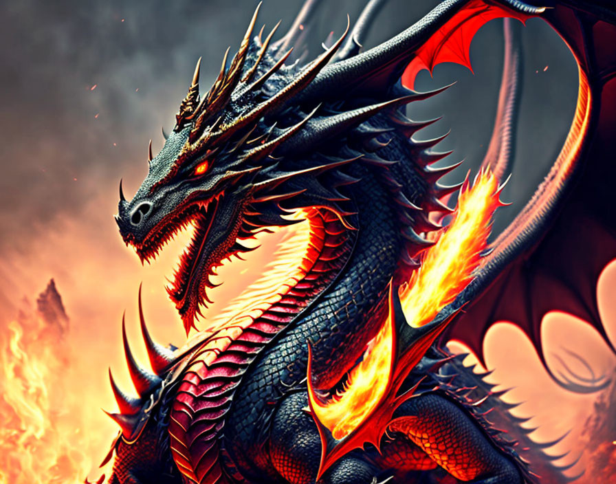 Red-eyed dragon surrounded by flames on fiery background.