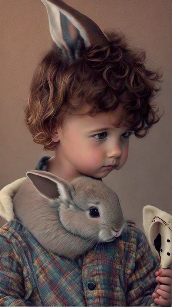 Curly-Haired Child Holding Rabbit with Blending Ear