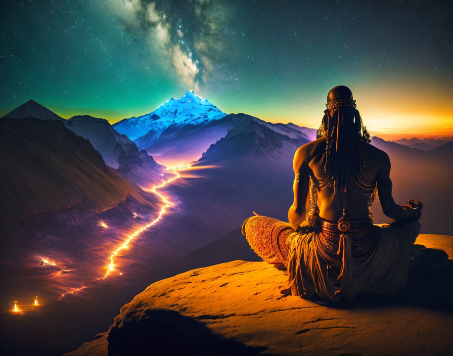 Meditating person on cliff with mountain view under starry sky
