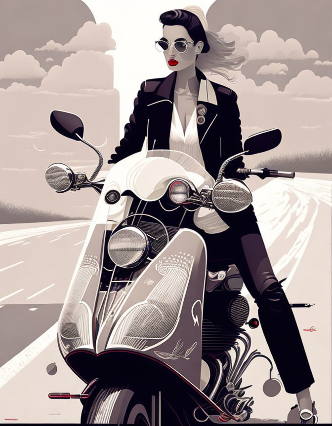 Illustrated woman with red lipstick and sunglasses on classic motorcycle in desert - retro, adventurous vibe