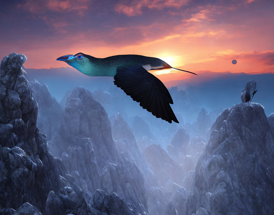 Colorful bird with long beak soaring over rugged mountain range at sunset with distant planet in sky