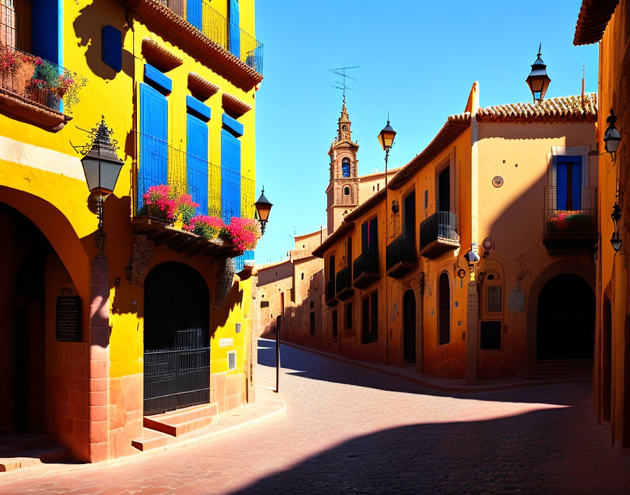 Colorful Street Scene with Blue and Yellow Buildings and Bell Tower View