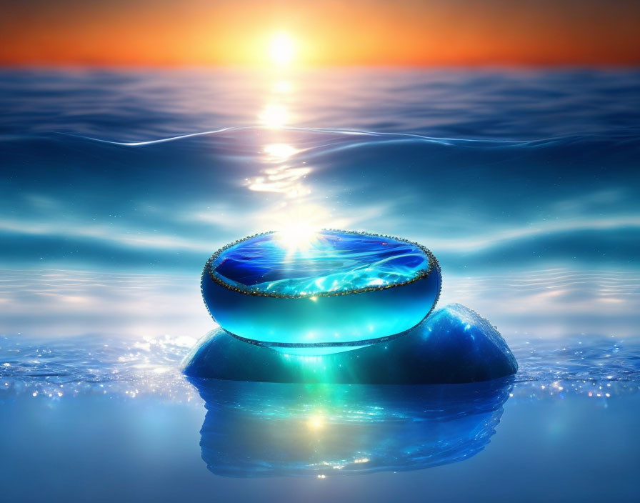 Shimmering blue gemstone on rock with sunset reflection