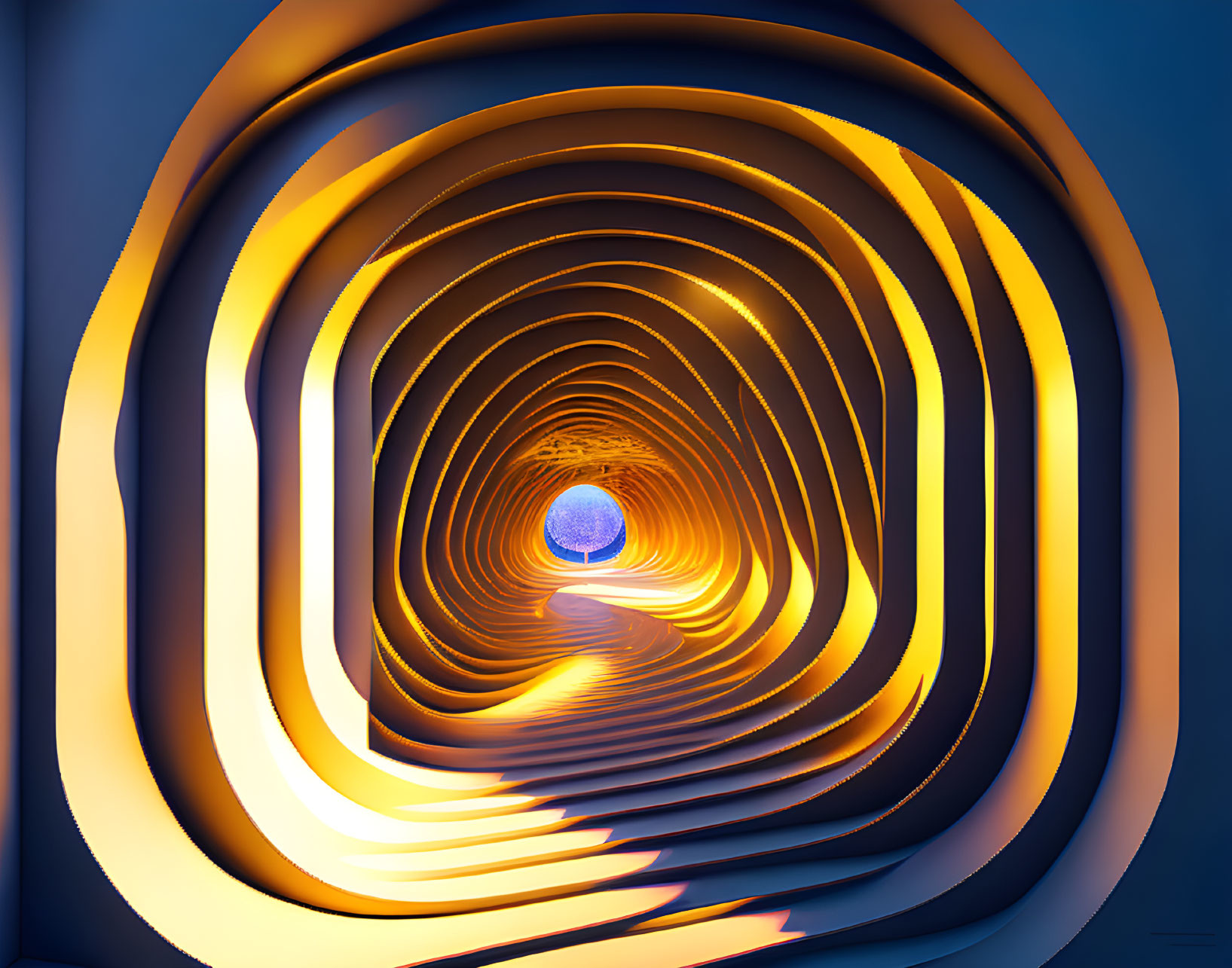 Abstract Image: Tunnel of Illuminated Arches Leading to Bright Sphere