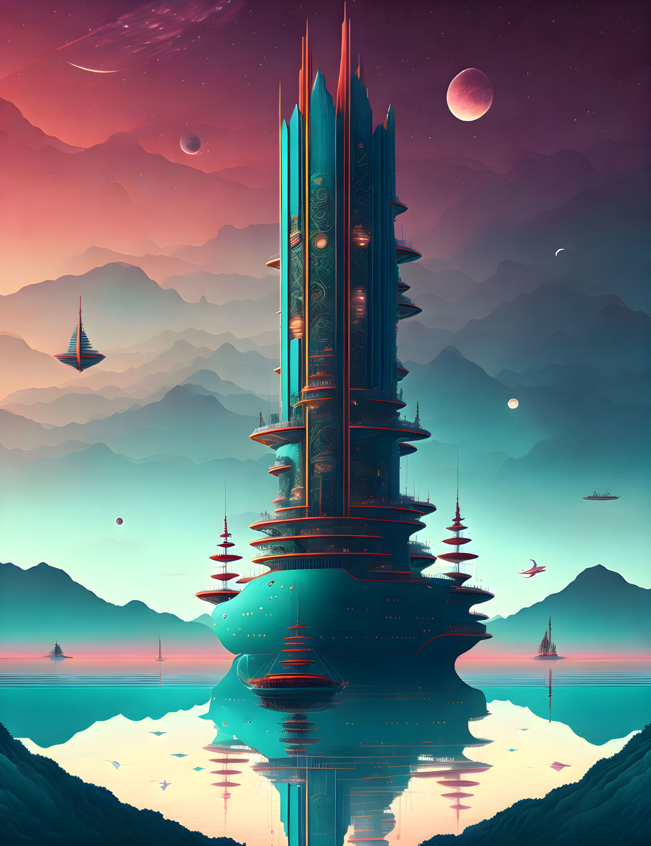 Futuristic tower by calm lake with floating ships