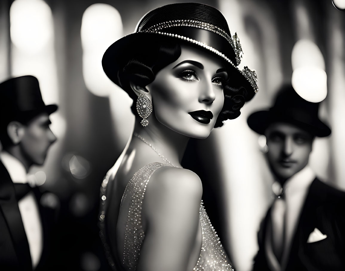 Vintage Style Portrait: Elegant Woman in Cloche Hat and Pearl Earrings, Surrounded by Men in