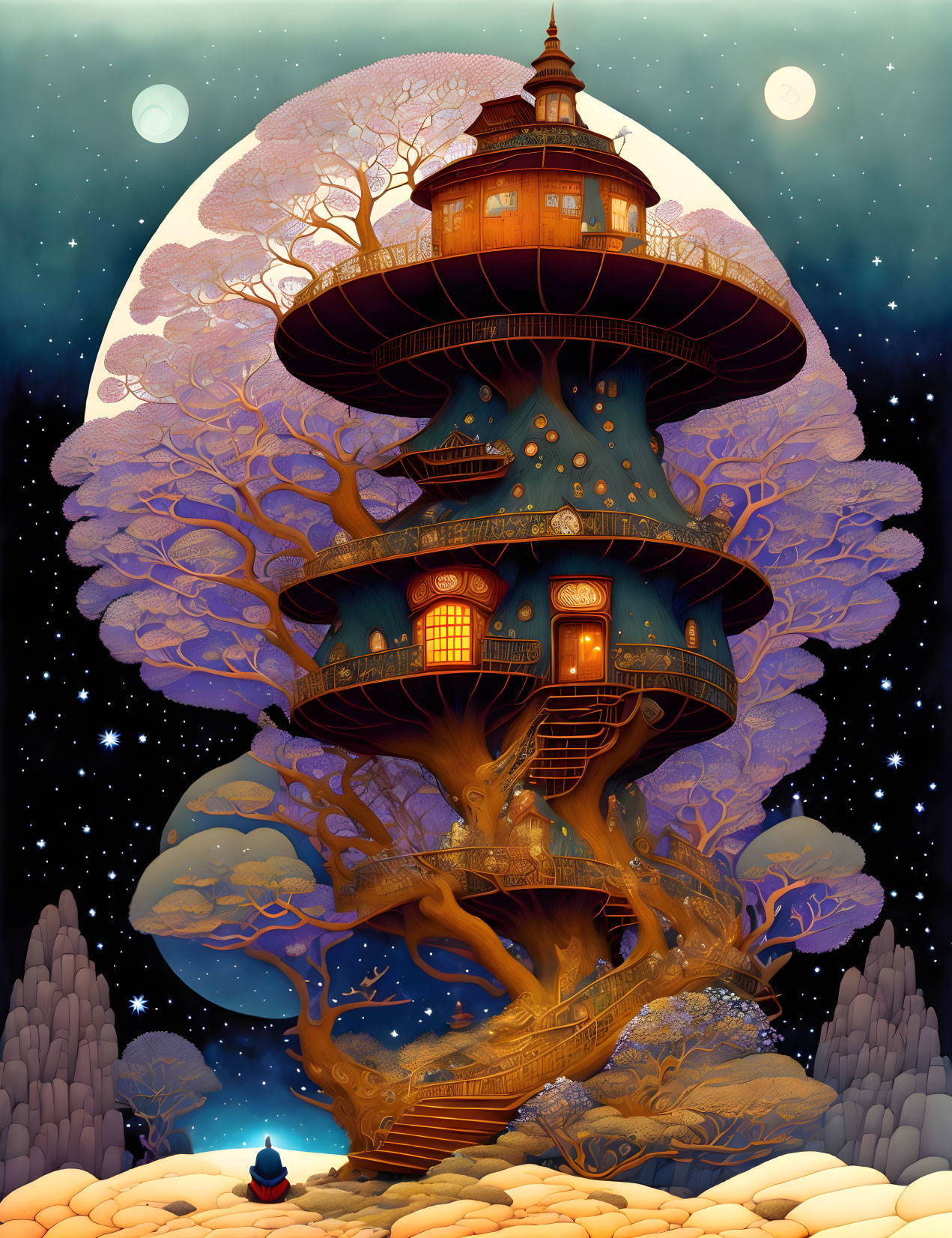 Monk meditates near the magnificent tree house
