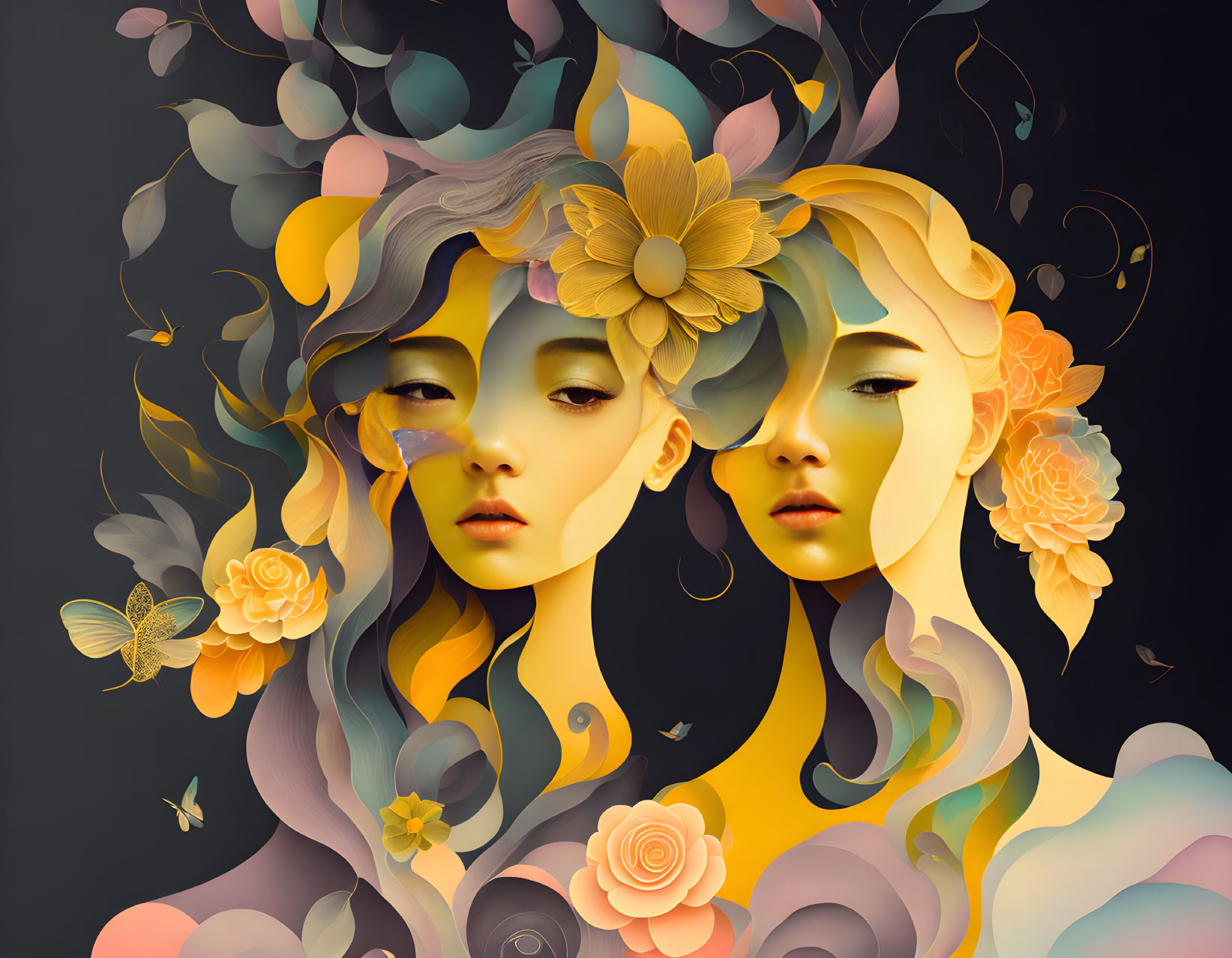 Mirrored faces with floral hair and butterflies in colorful style