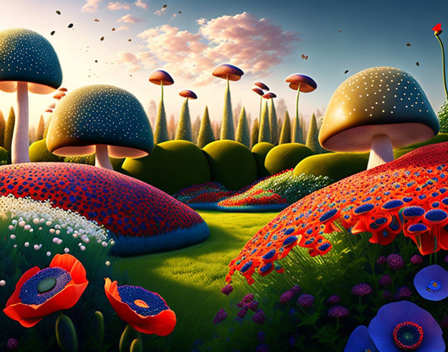Colorful Fantasy Landscape with Oversized Mushrooms and Lush Green Hills