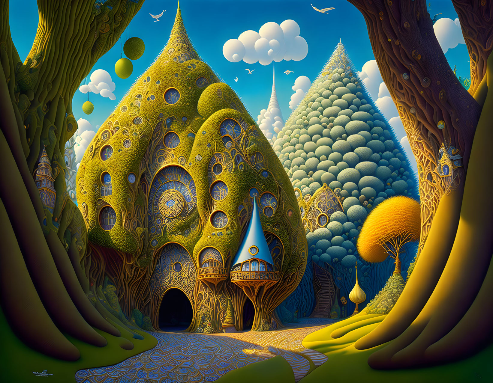 Fantastical tree-shaped houses in a lush, circular-patterned landscape