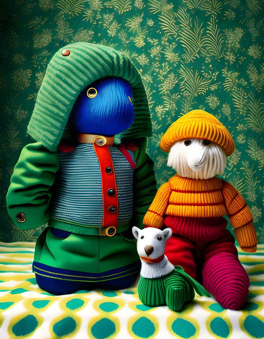 Colorful Knitted Figures with Blue Face and Yellow Cap on Patterned Background