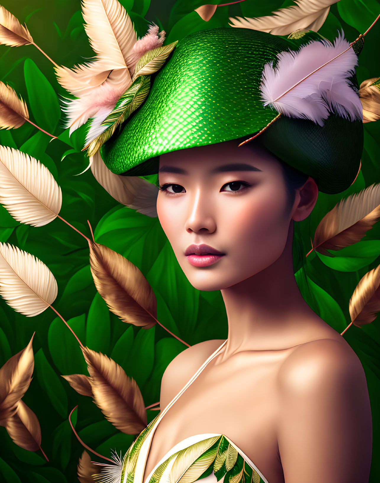 Asian woman portrait with green textured hat in lush foliage setting