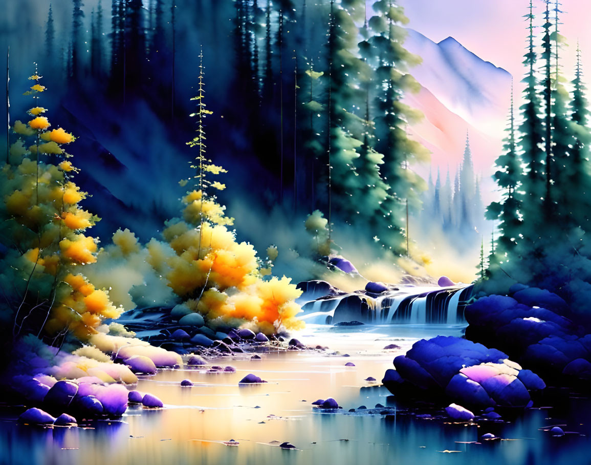 Tranquil landscape with waterfall, autumn trees, mist, and mountains