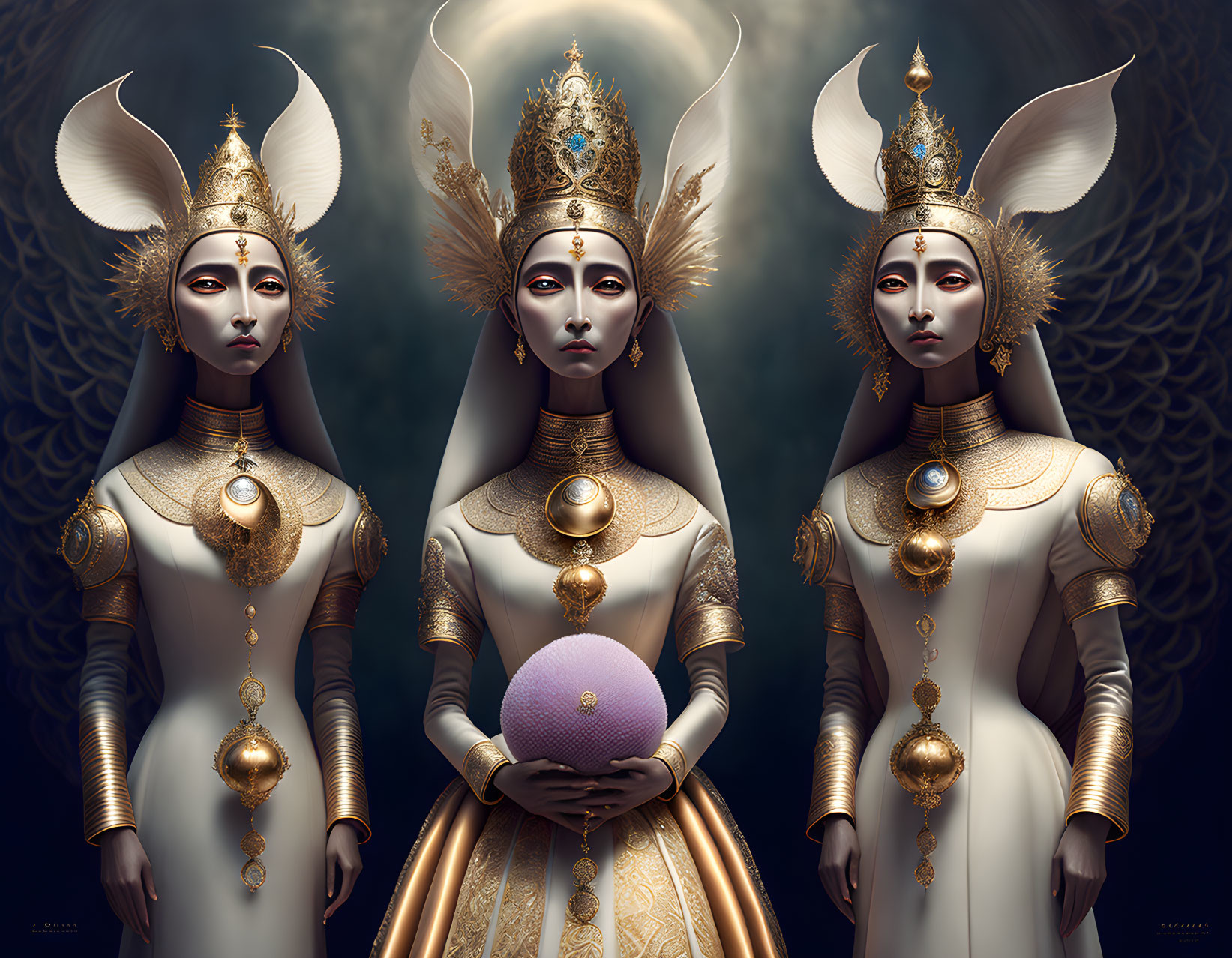 Regal figures in gold and white attire with elaborate headdresses and purple orb.