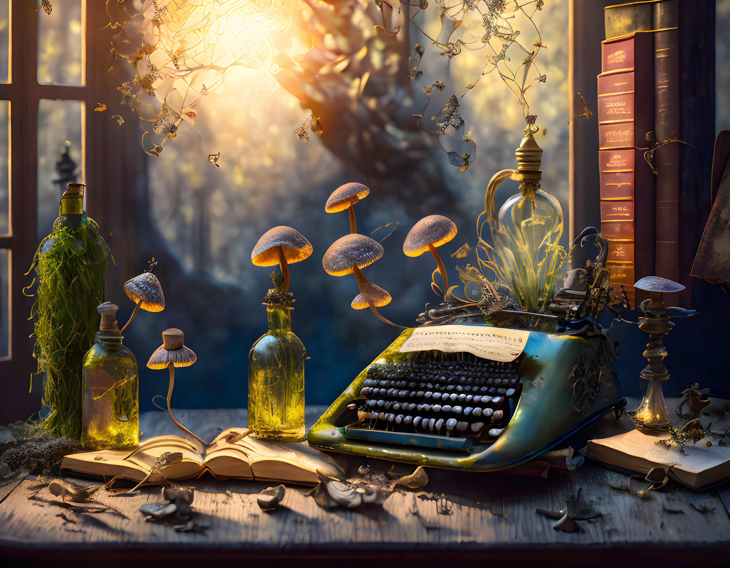 Vintage Typewriter on Desk with Open Book, Glowing Mushrooms, Potion Bottles, and Sunset