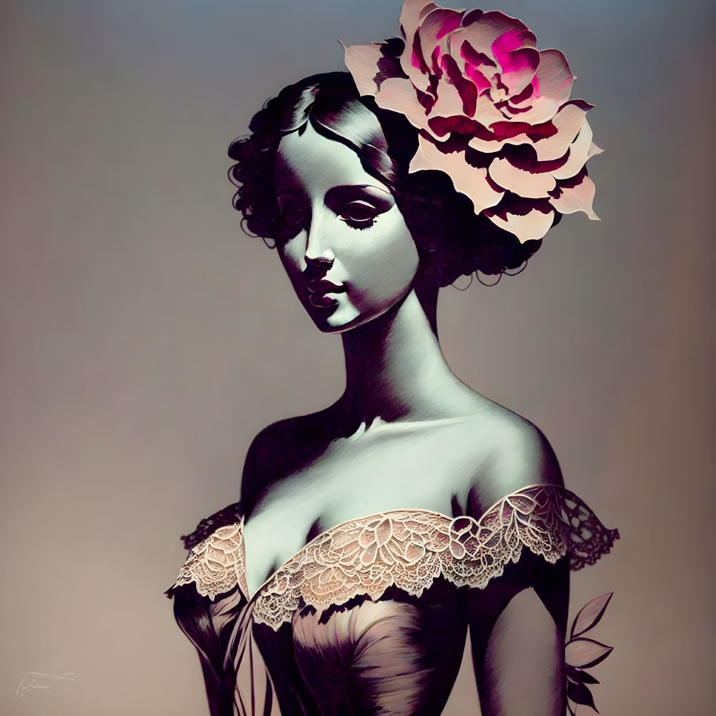 Stylized portrait of woman with blooming flower hair & vintage lace details