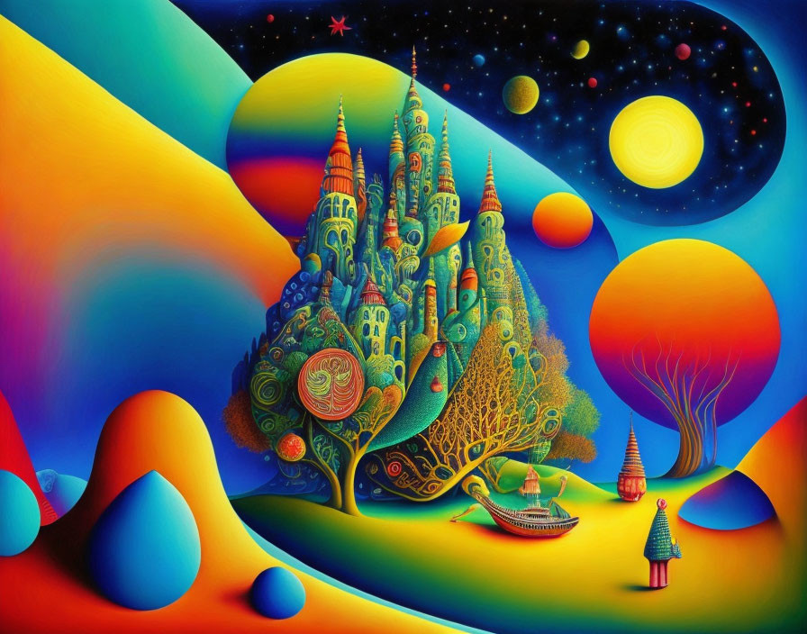 Surreal landscape with rolling hills, castle, whimsical trees, boat, starry sky