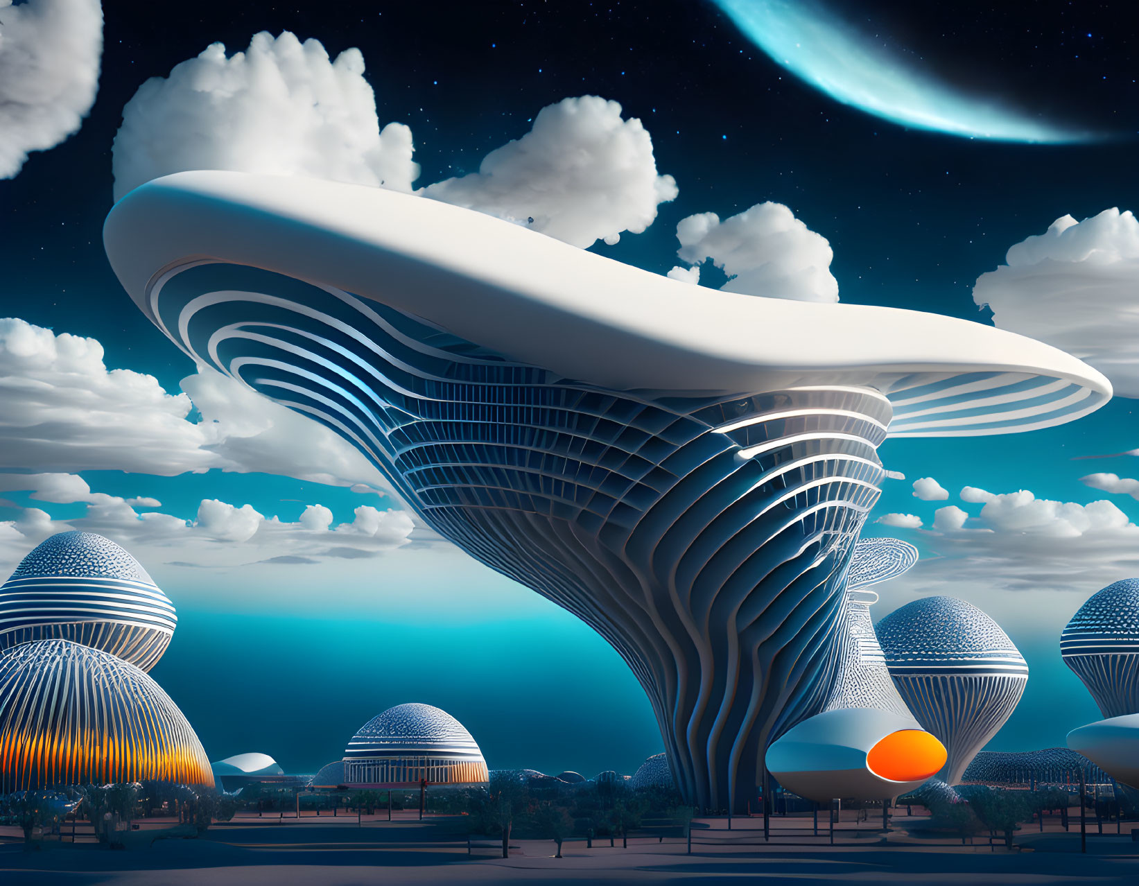 Unique Curved High-Rise Buildings in Futuristic Cityscape Night Sky