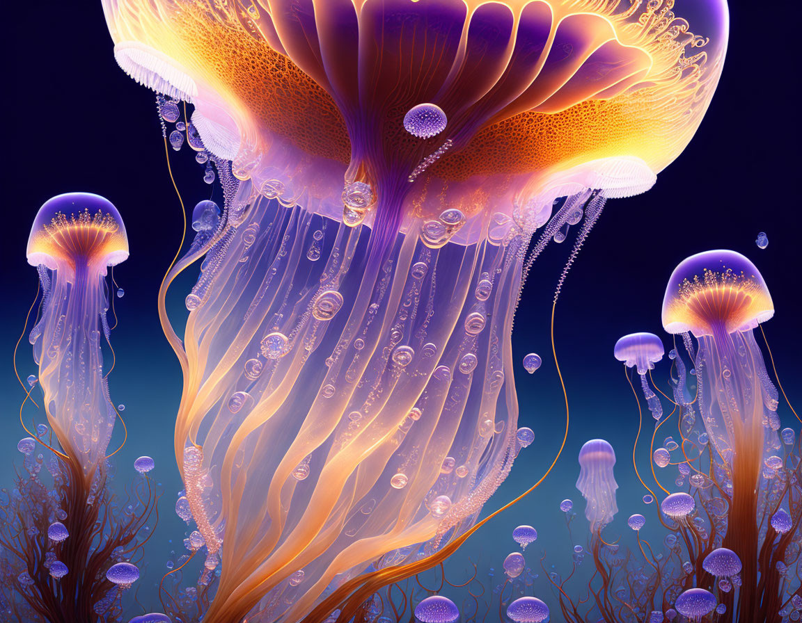 Glowing jellyfish with delicate tentacles in dark underwater scene