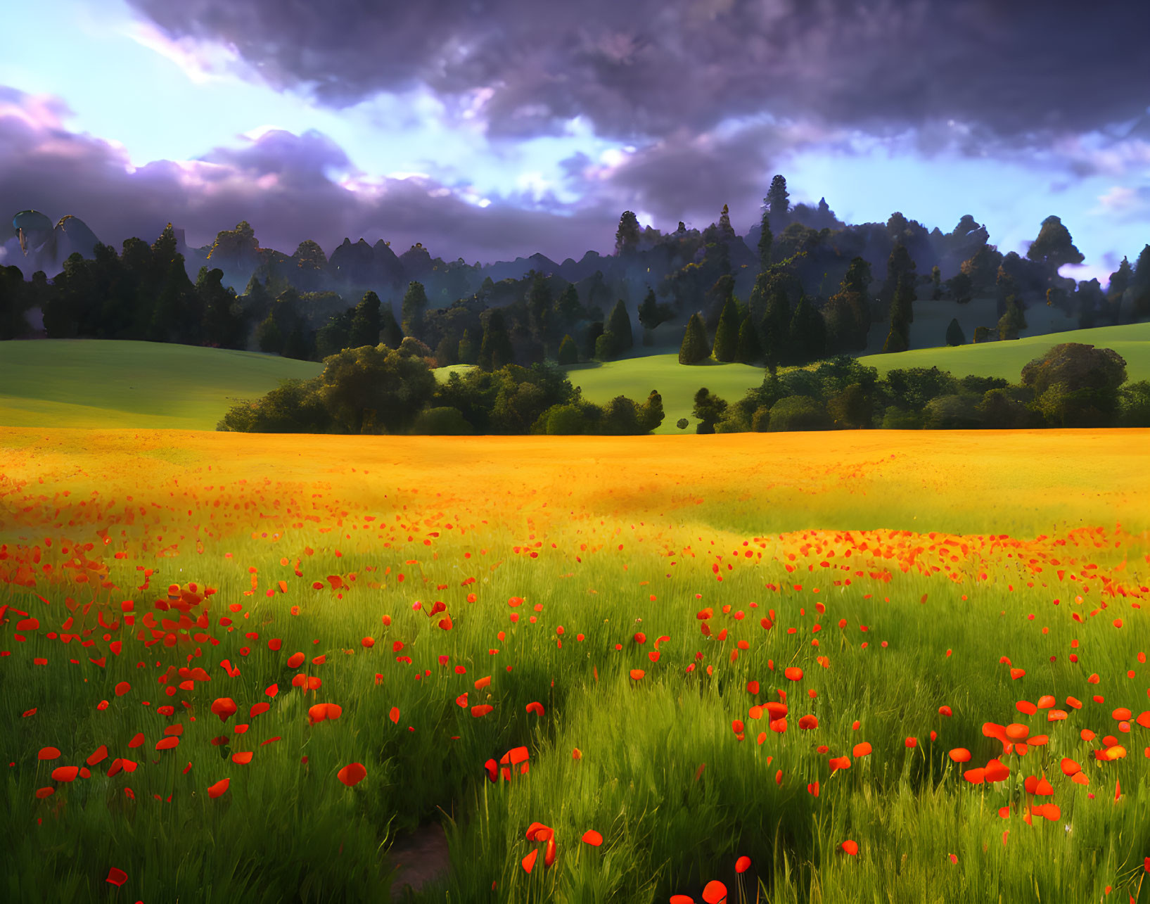 Scenic sunrise landscape with red poppies and dramatic sky