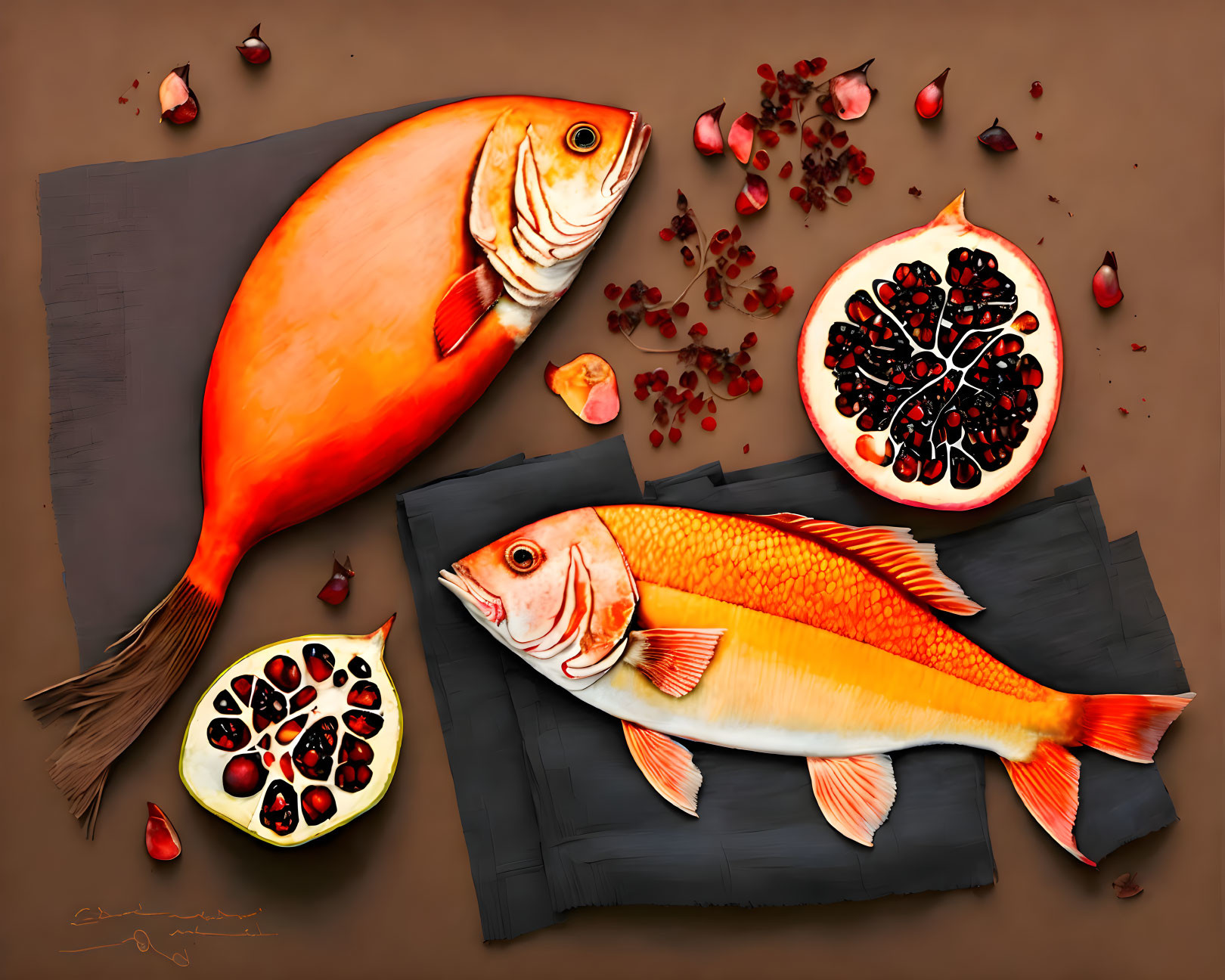 Detailed Illustration: Two Red Fish with Halved Pomegranates and Seeds on Brown Background