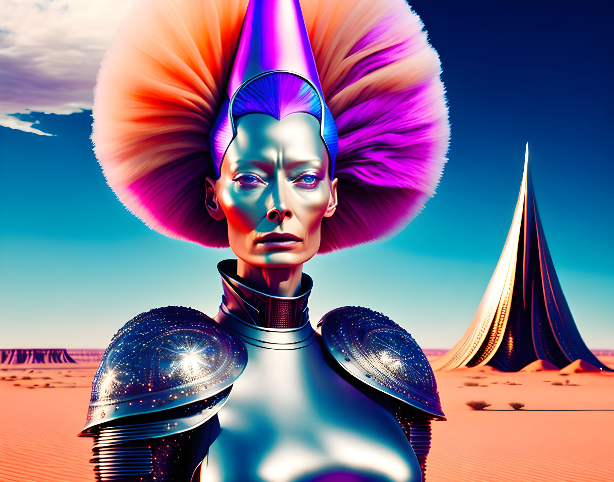 Colorful futuristic alien with intricate headpiece in desert landscape.